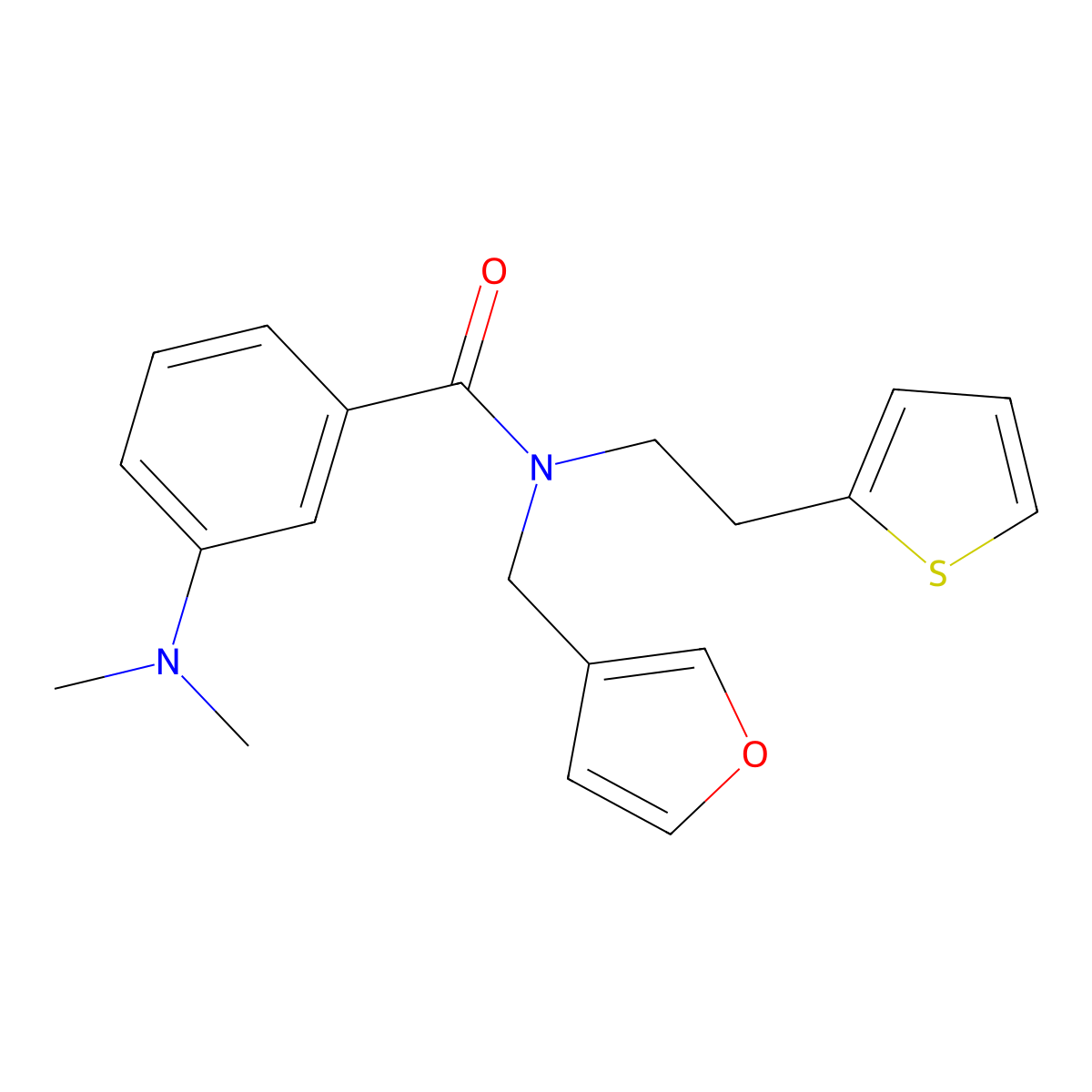 3-(dimethylamino)-N-(furan-3-ylmethyl)-N-(2-(thiophen-2-yl)ethyl)benzamide molecular structure, CAS 1428365-29-0