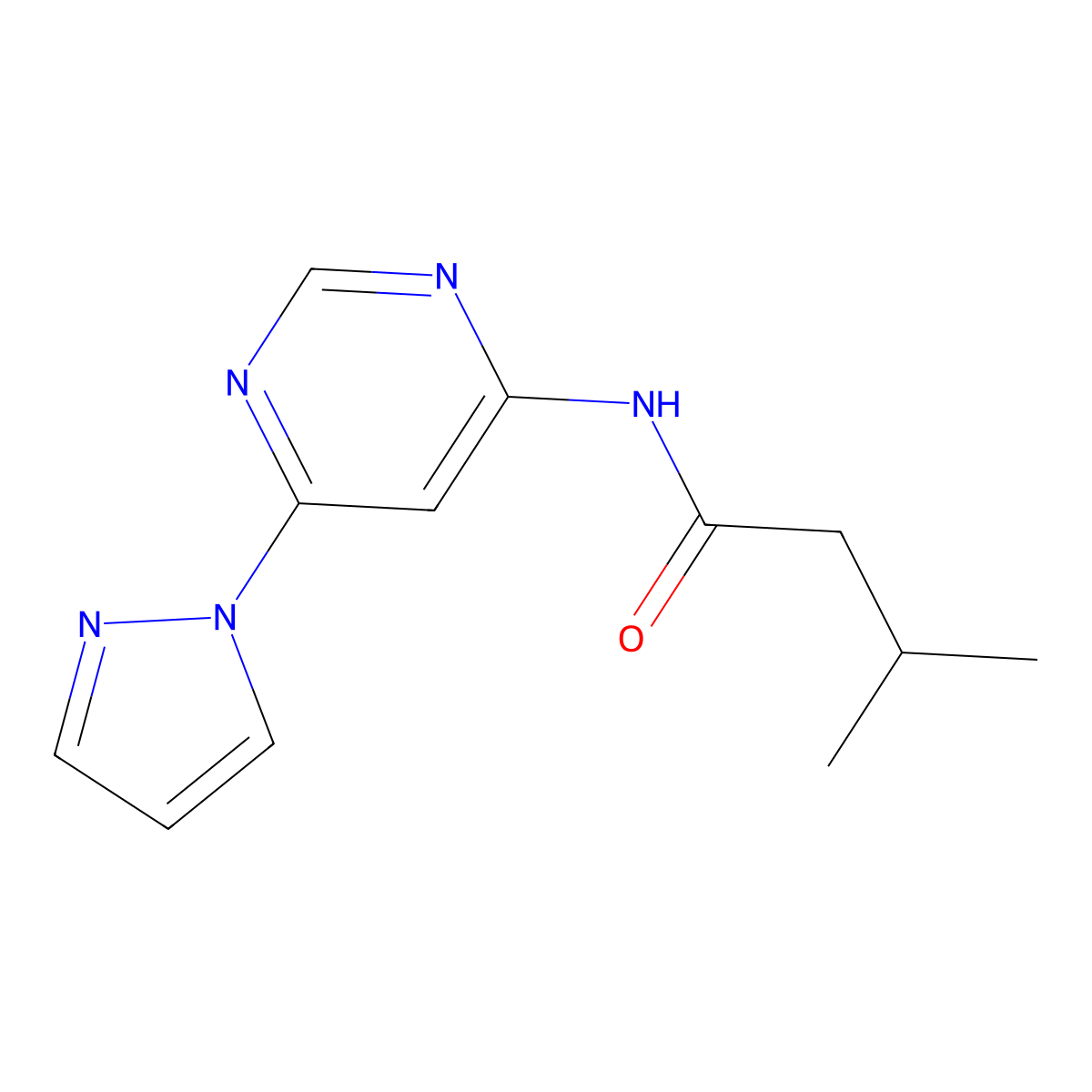 N-(6-(1H-pyrazol-1-yl)pyrimidin-4-yl)-3-methylbutanamide molecular structure, CAS 1428365-39-2