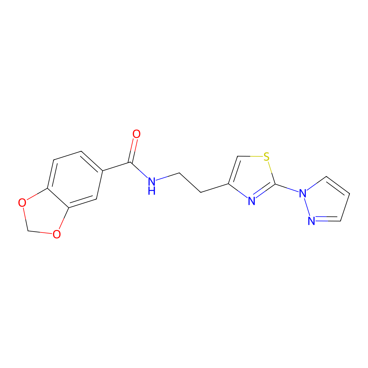 N-(2-(2-(1H-pyrazol-1-yl)thiazol-4-yl)ethyl)benzo[d][1,3]dioxole-5-carboxamide molecular structure, CAS 1428365-44-9