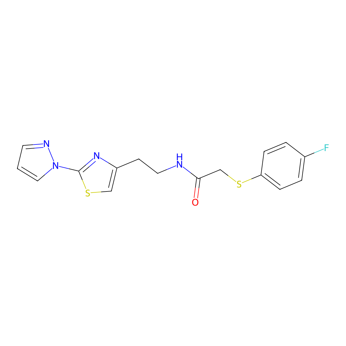 N-(2-(2-(1H-pyrazol-1-yl)thiazol-4-yl)ethyl)-2-((4-fluorophenyl)thio)acetamide molecular structure, CAS 1428365-53-0