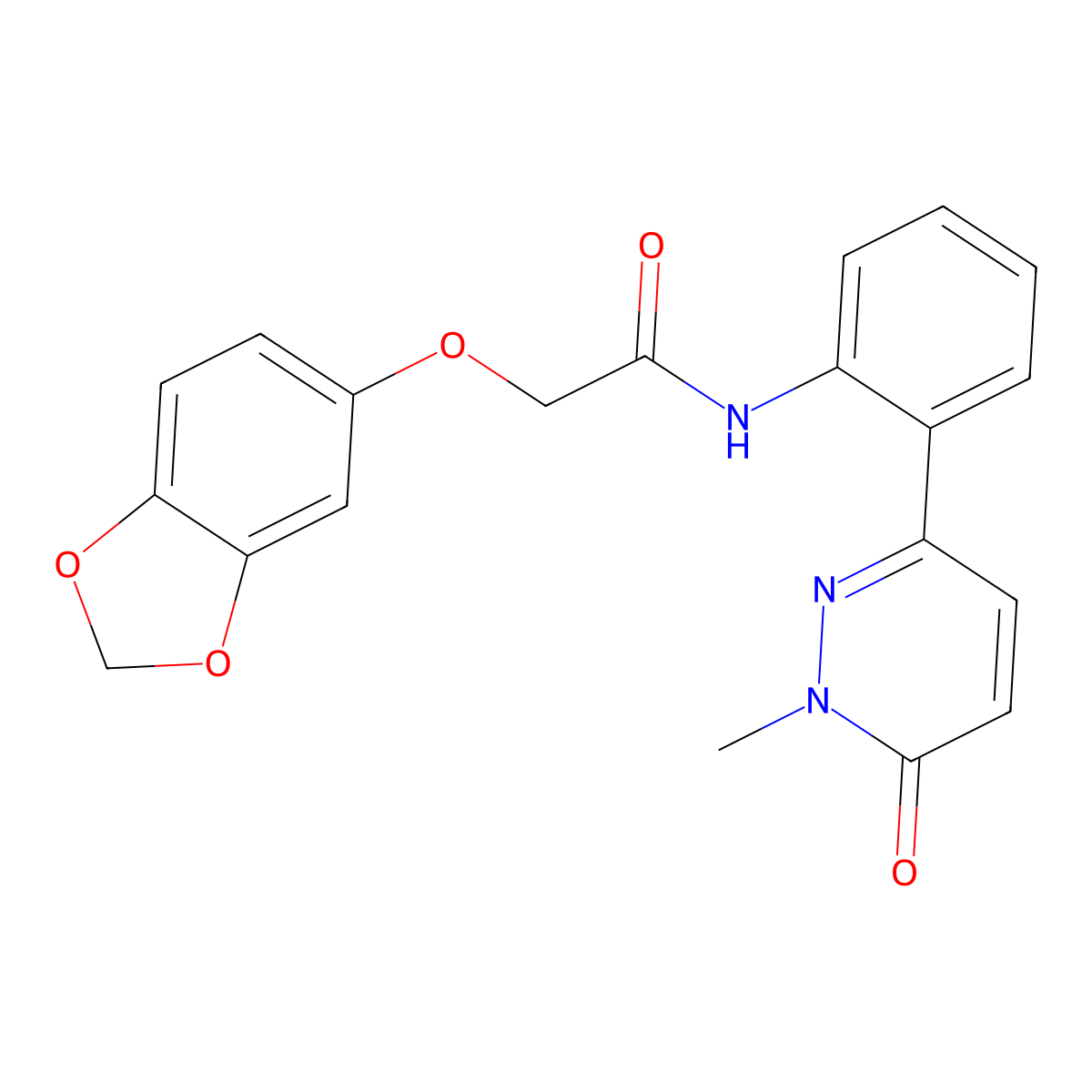 2-(benzo[d][1,3]dioxol-5-yloxy)-N-(2-(1-methyl-6-oxo-1,6-dihydropyridazin-3-yl)phenyl)acetamide molecular structure, CAS 1428365-57-4