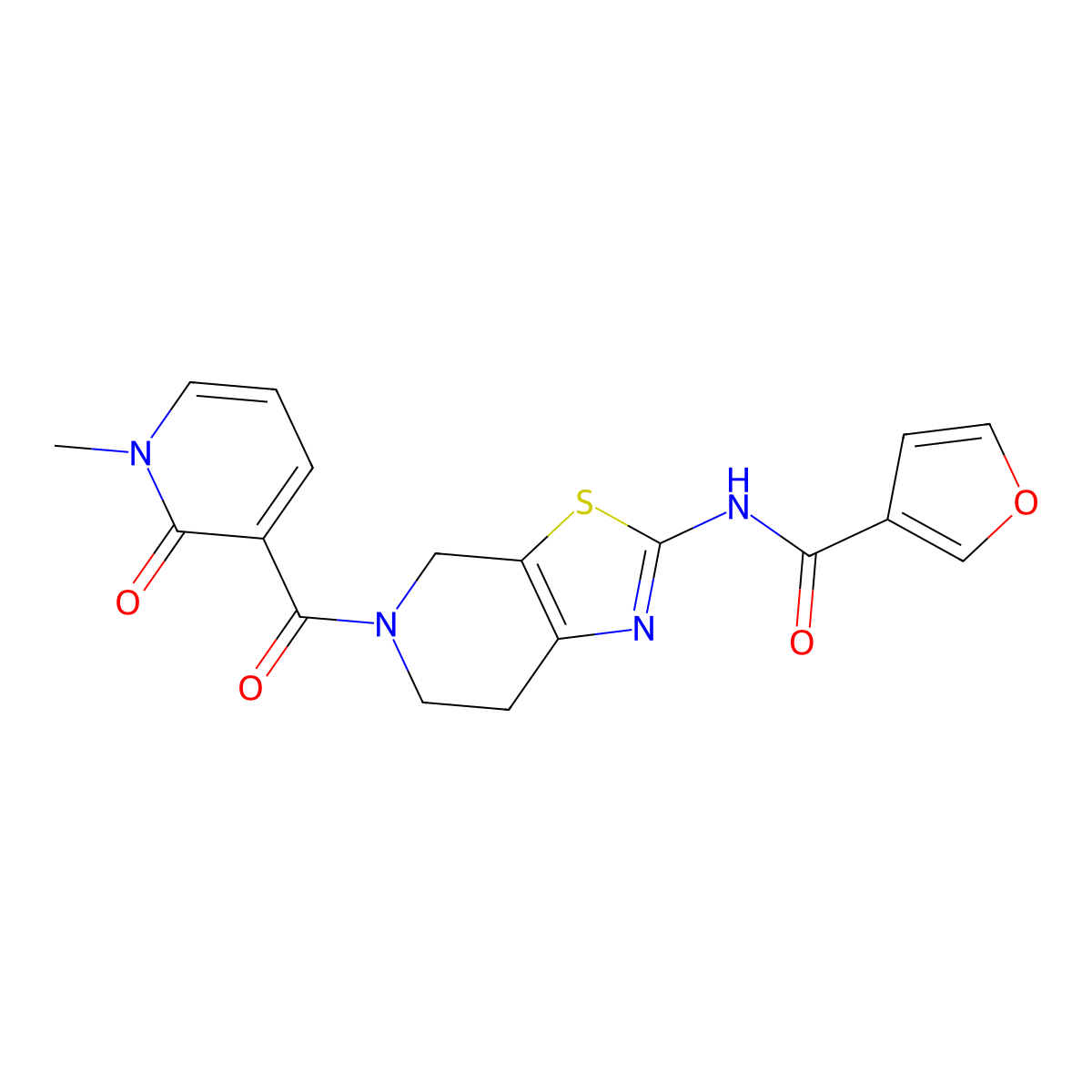 N-(5-(1-methyl-2-oxo-1,2-dihydropyridine-3-carbonyl)-4,5,6,7-tetrahydrothiazolo[5,4-c]pyridin-2-yl)furan-3-carboxamide molecular structure, CAS 1428365-59-6