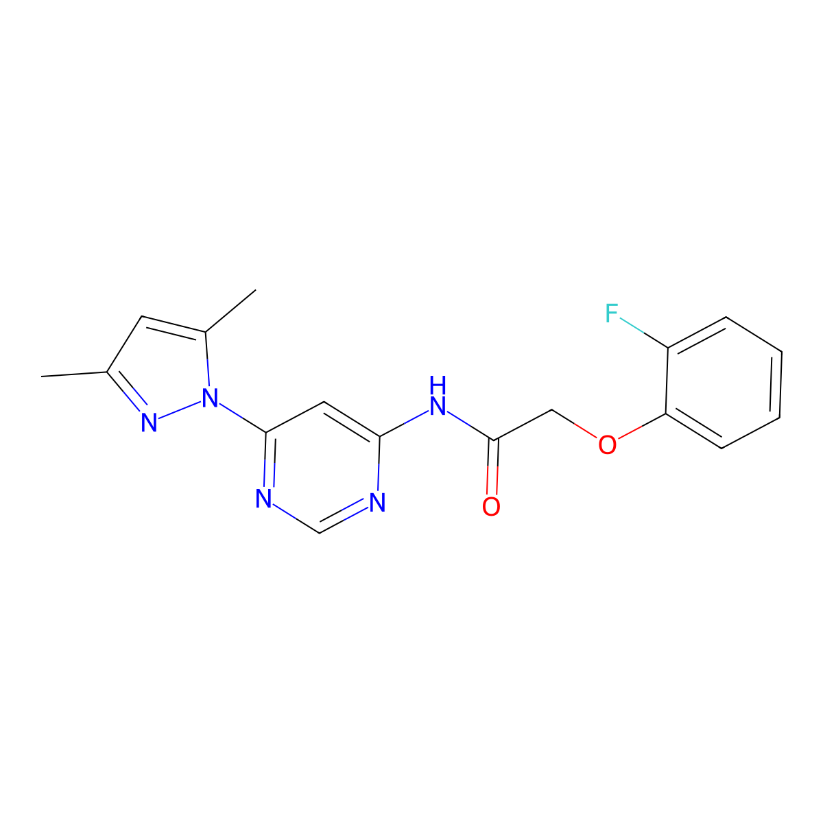 N-(6-(3,5-dimethyl-1H-pyrazol-1-yl)pyrimidin-4-yl)-2-(2-fluorophenoxy)acetamide molecular structure, CAS 1428365-60-9
