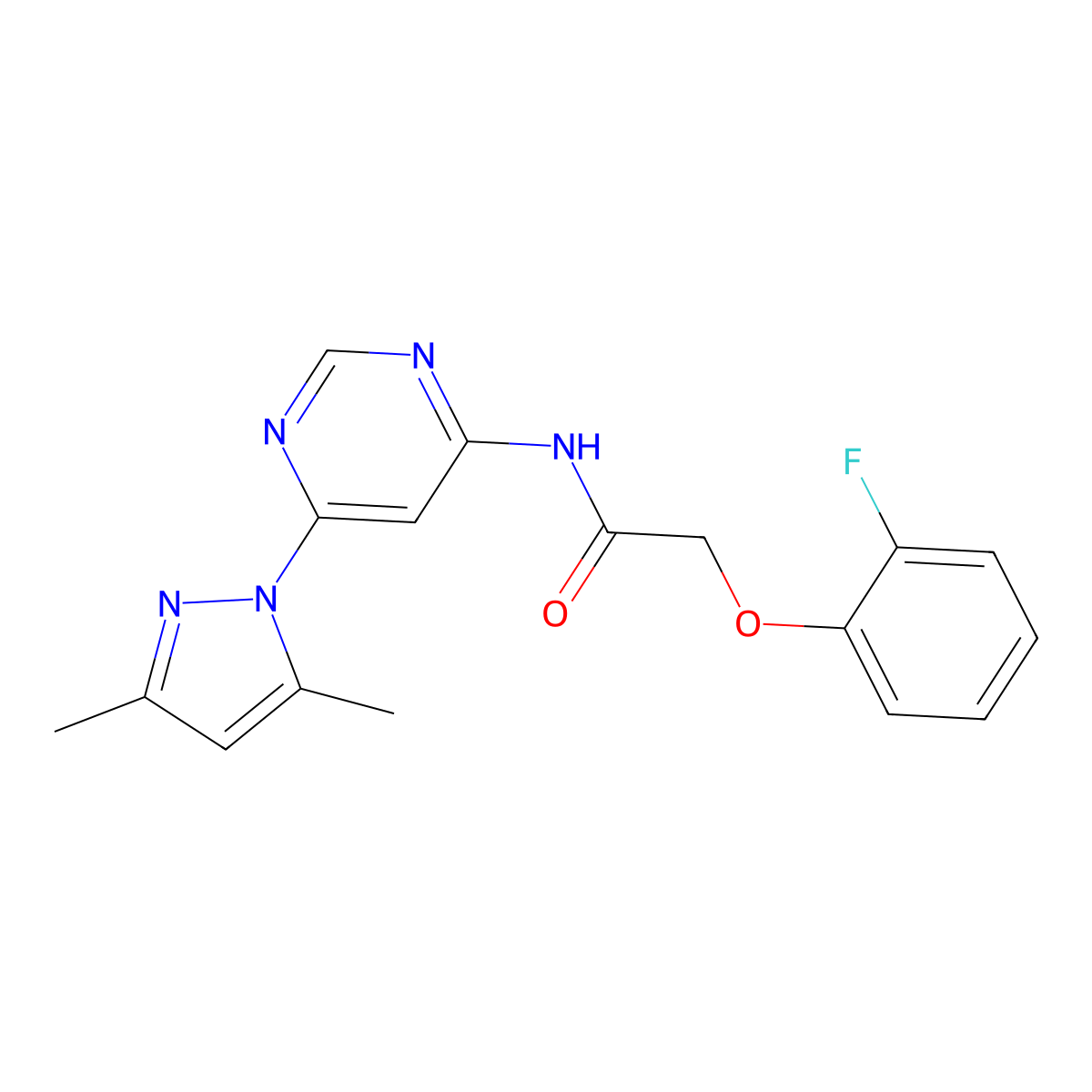 N-(6-(3,5-dimethyl-1H-pyrazol-1-yl)pyrimidin-4-yl)-2-(2-fluorophenoxy)acetamide molecular structure, CAS 1428365-60-9