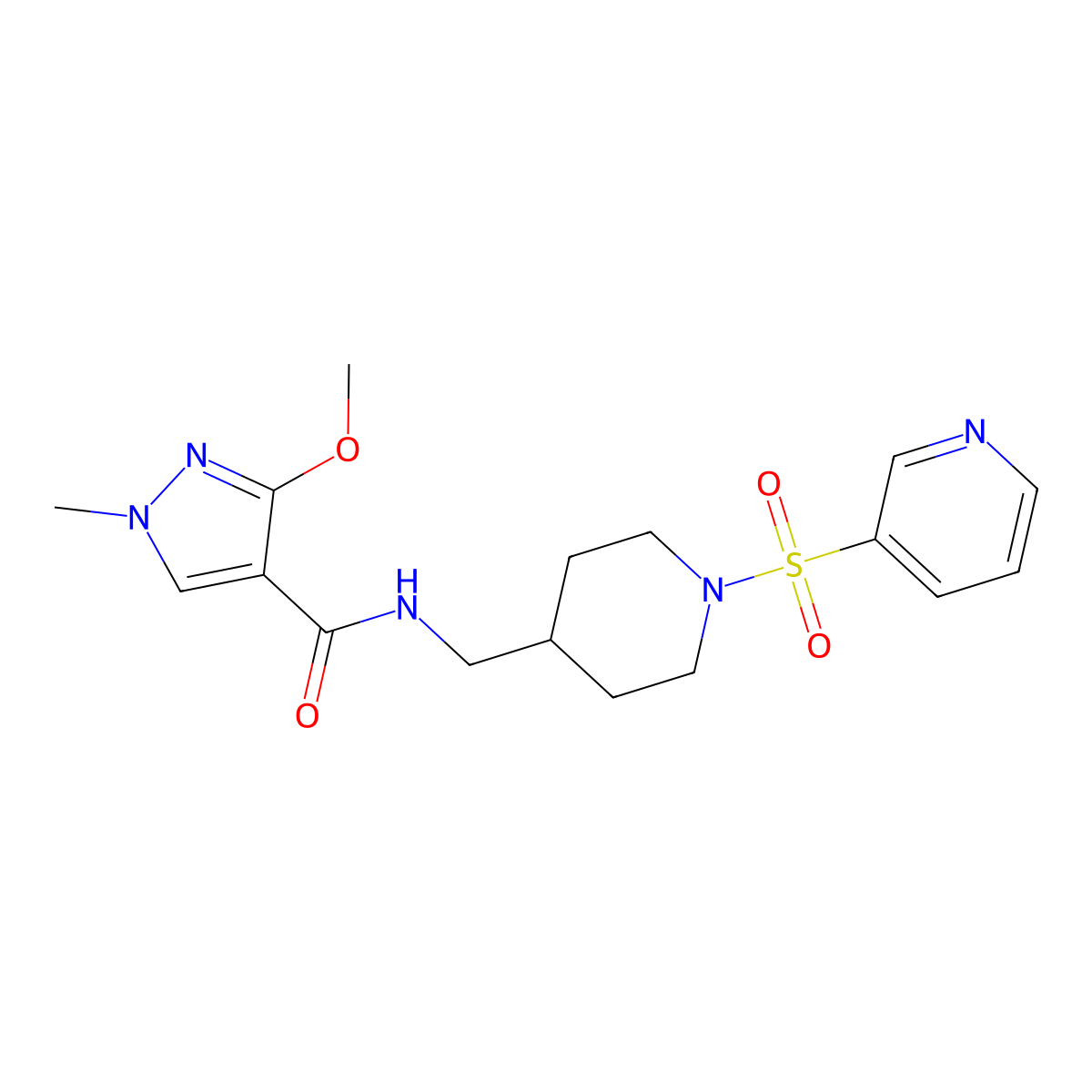 3-methoxy-1-methyl-N-((1-(pyridin-3-ylsulfonyl)piperidin-4-yl)methyl)-1H-pyrazole-4-carboxamide molecular structure, CAS 1428365-61-0