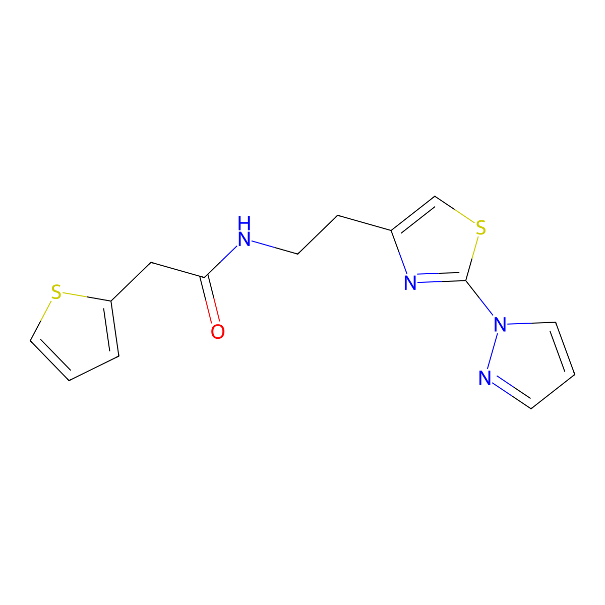 N-(2-(2-(1H-pyrazol-1-yl)thiazol-4-yl)ethyl)-2-(thiophen-2-yl)acetamide molecular structure, CAS 1428365-64-3