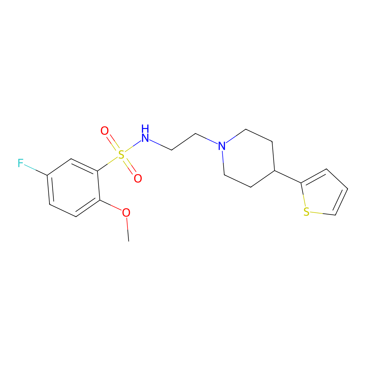 5-fluoro-2-methoxy-N-(2-(4-(thiophen-2-yl)piperidin-1-yl)ethyl)benzenesulfonamide molecular structure, CAS 1428365-66-5