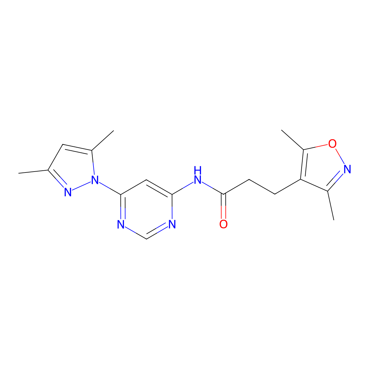 N-(6-(3,5-dimethyl-1H-pyrazol-1-yl)pyrimidin-4-yl)-3-(3,5-dimethylisoxazol-4-yl)propanamide molecular structure, CAS 1428365-70-1