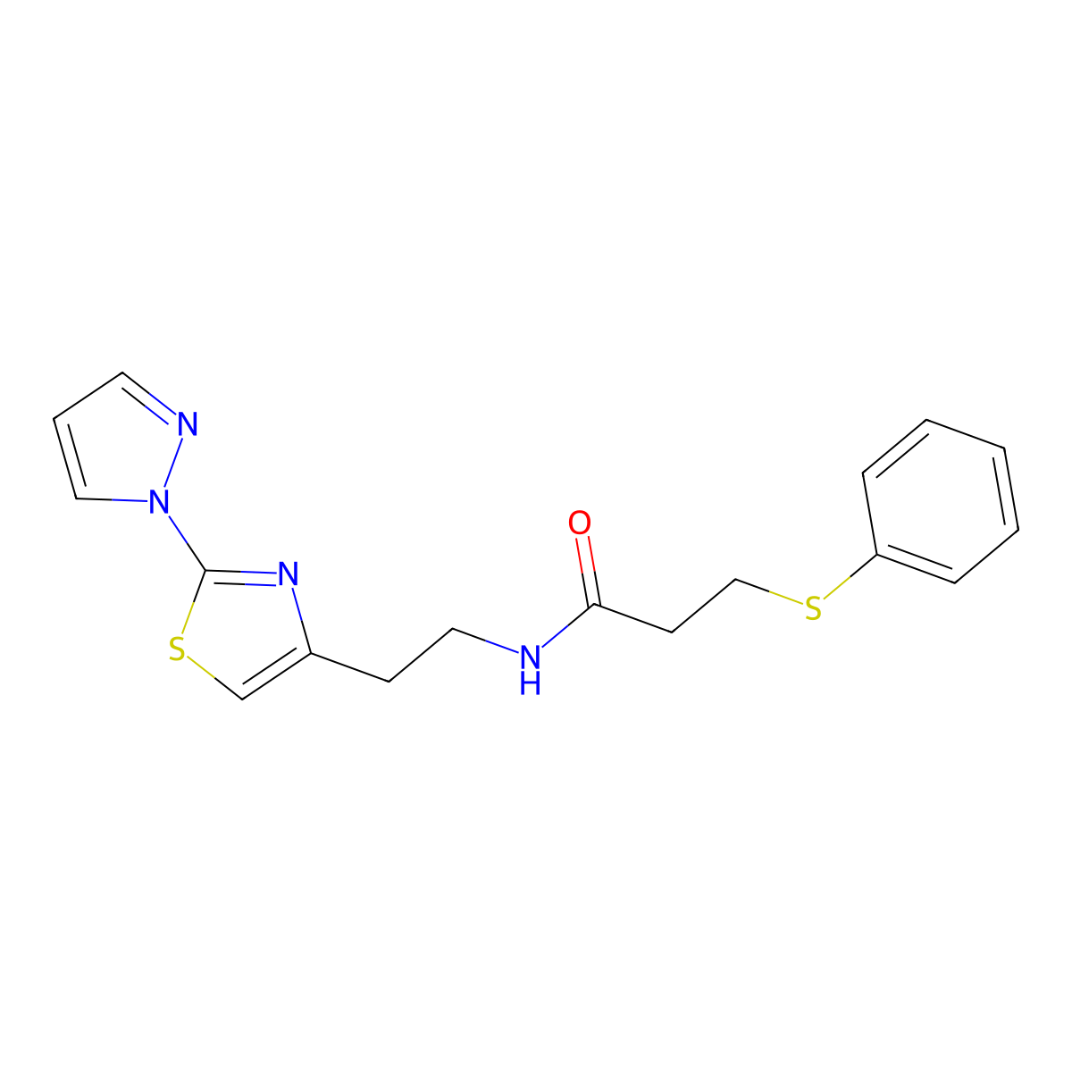 N-(2-(2-(1H-pyrazol-1-yl)thiazol-4-yl)ethyl)-3-(phenylthio)propanamide molecular structure, CAS 1428365-74-5