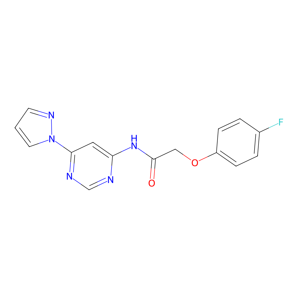 N-(6-(1H-pyrazol-1-yl)pyrimidin-4-yl)-2-(4-fluorophenoxy)acetamide molecular structure, CAS 1428365-75-6