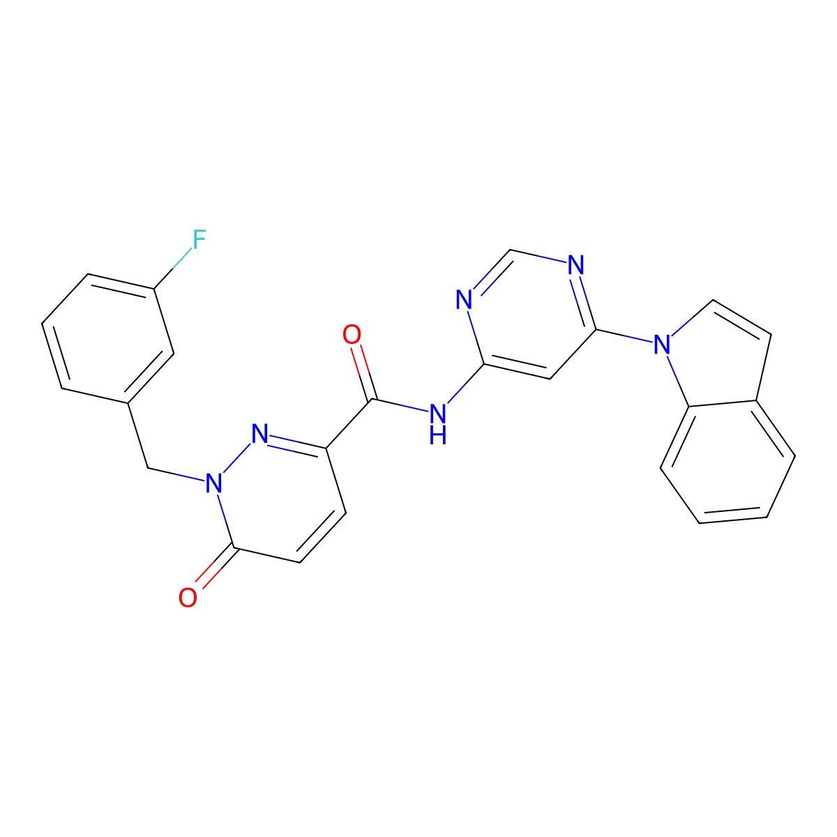 N-(6-(1H-indol-1-yl)pyrimidin-4-yl)-1-(3-fluorobenzyl)-6-oxo-1,6-dihydropyridazine-3-carboxamide molecular structure, CAS 1428365-80-3