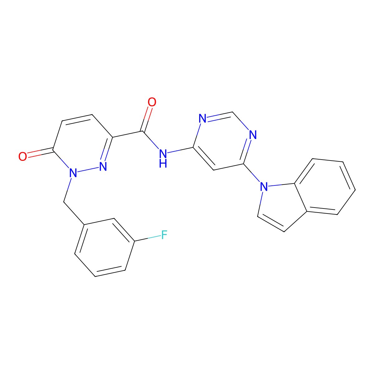N-(6-(1H-indol-1-yl)pyrimidin-4-yl)-1-(3-fluorobenzyl)-6-oxo-1,6-dihydropyridazine-3-carboxamide molecular structure, CAS 1428365-80-3