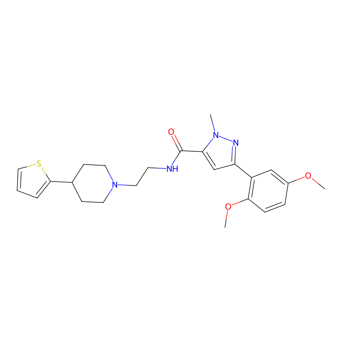 3-(2,5-dimethoxyphenyl)-1-methyl-N-{2-[4-(thiophen-2-yl)piperidin-1-yl]ethyl}-1H-pyrazole-5-carboxamide molecular structure, CAS 1428365-91-6