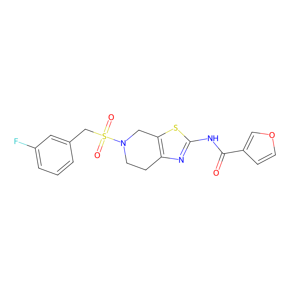 N-(5-((3-fluorobenzyl)sulfonyl)-4,5,6,7-tetrahydrothiazolo[5,4-c]pyridin-2-yl)furan-3-carboxamide molecular structure, CAS 1428365-98-3