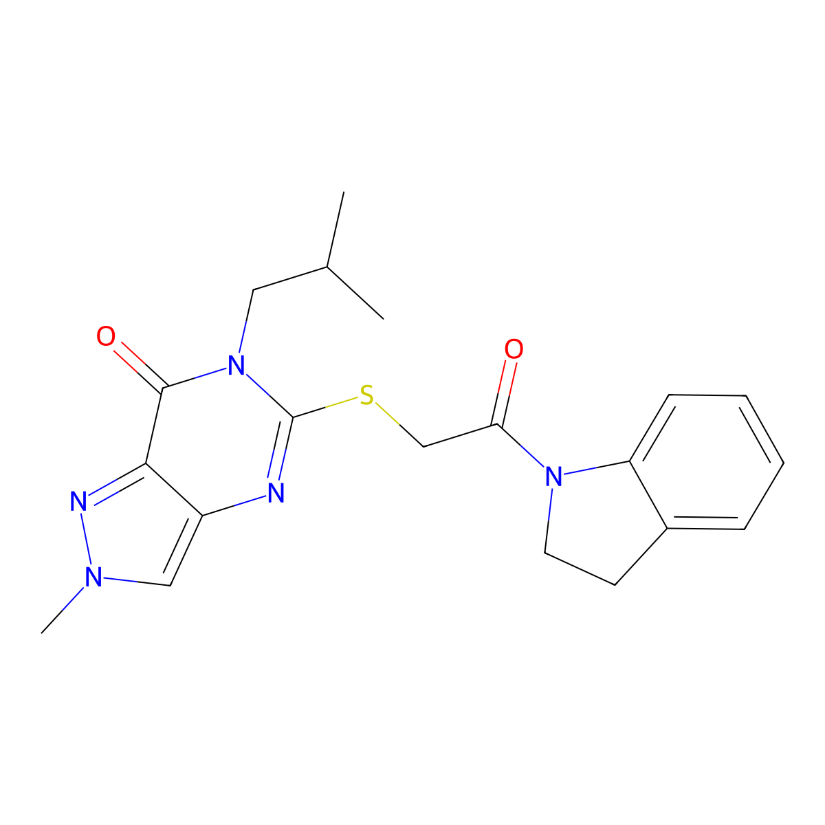 5-((2-(indolin-1-yl)-2-oxoethyl)thio)-6-isobutyl-2-methyl-2H-pyrazolo[4,3-d]pyrimidin-7(6H)-one molecular structure, CAS 1428366-05-5