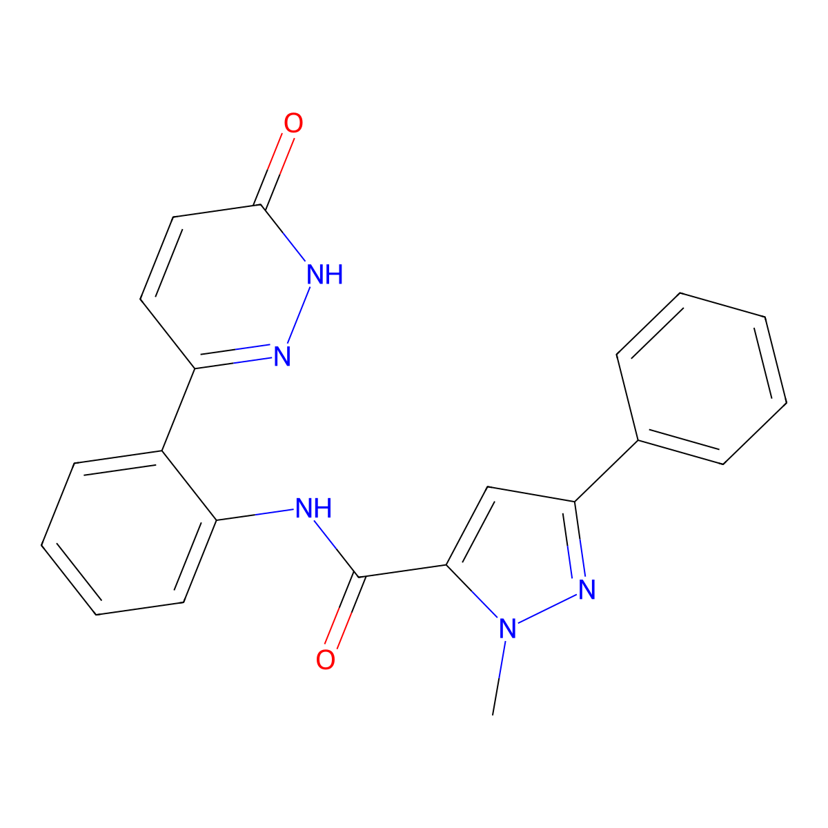 1-methyl-N-(2-(6-oxo-1,6-dihydropyridazin-3-yl)phenyl)-3-phenyl-1H-pyrazole-5-carboxamide molecular structure, CAS 1428366-07-7