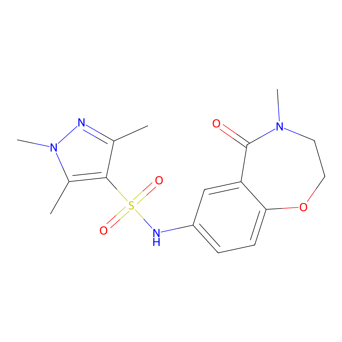 1,3,5-trimethyl-N-(4-methyl-5-oxo-2,3,4,5-tetrahydrobenzo[f][1,4]oxazepin-7-yl)-1H-pyrazole-4-sulfonamide molecular structure, CAS 1428366-44-2