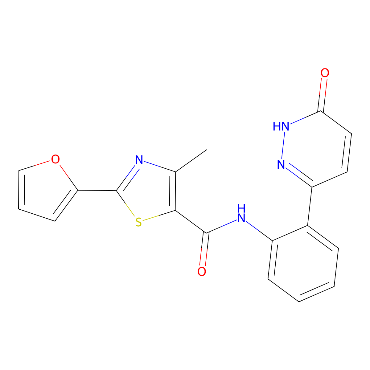 2-(furan-2-yl)-4-methyl-N-(2-(6-oxo-1,6-dihydropyridazin-3-yl)phenyl)thiazole-5-carboxamide molecular structure, CAS 1428366-54-4