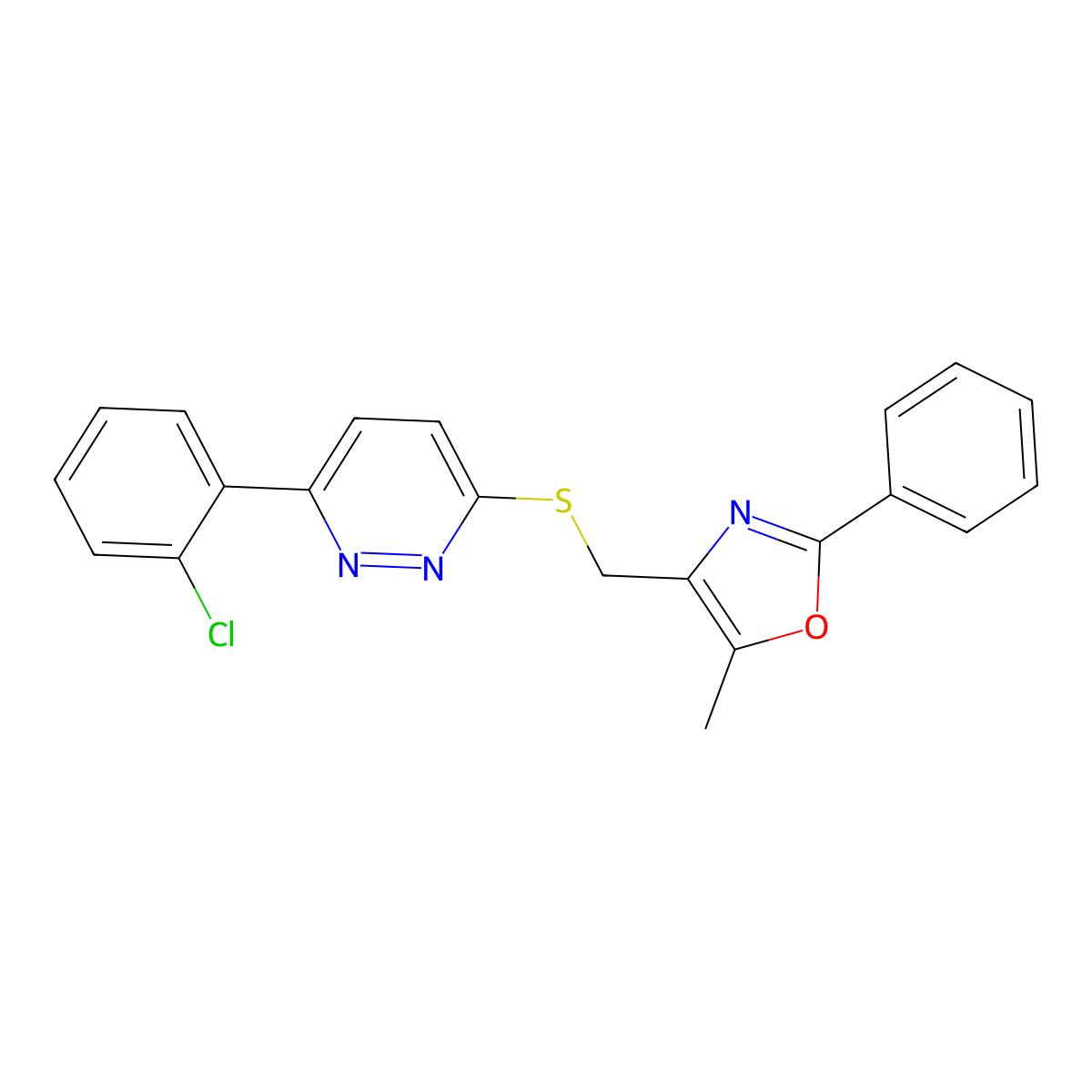 4-(((6-(2-Chlorophenyl)pyridazin-3-yl)thio)methyl)-5-methyl-2-phenyloxazole molecular structure, CAS 1428366-64-6