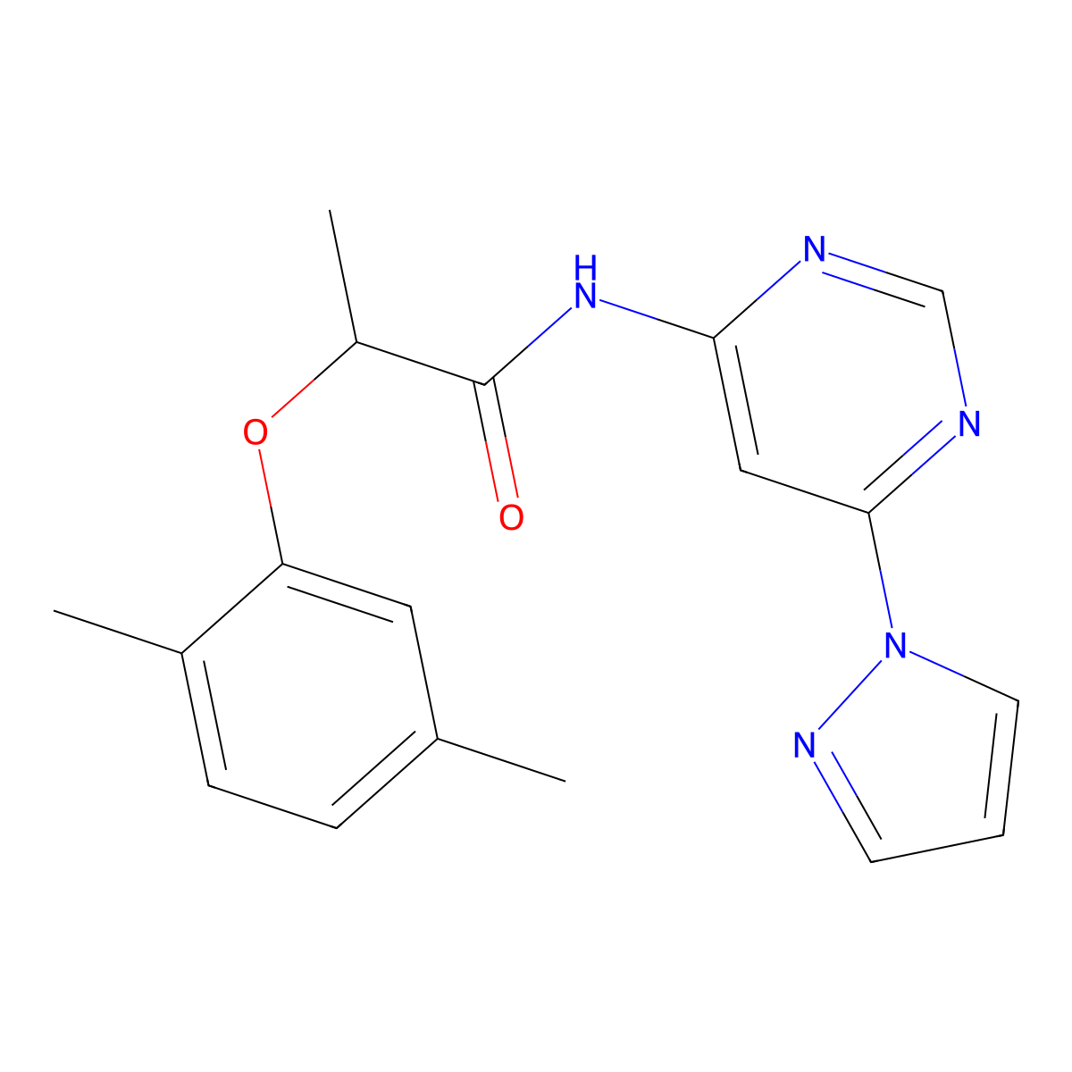 N-(6-(1H-pyrazol-1-yl)pyrimidin-4-yl)-2-(2,5-dimethylphenoxy)propanamide molecular structure, CAS 1428366-70-4