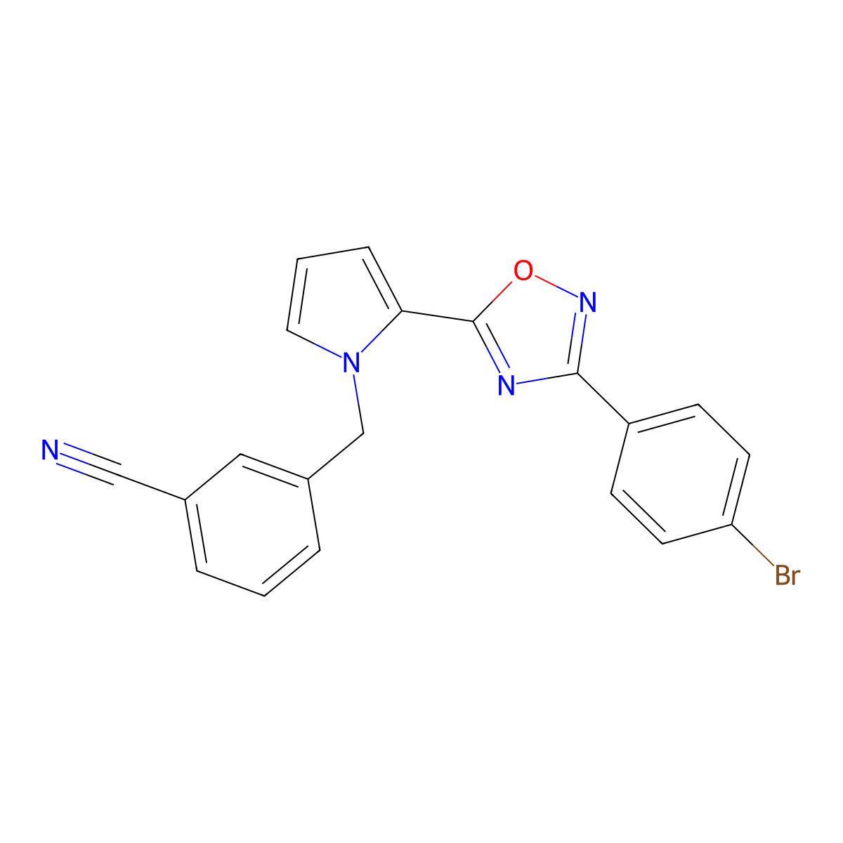 3-((2-(3-(4-bromophenyl)-1,2,4-oxadiazol-5-yl)-1H-pyrrol-1-yl)methyl)benzonitrile molecular structure, CAS 1428366-74-8
