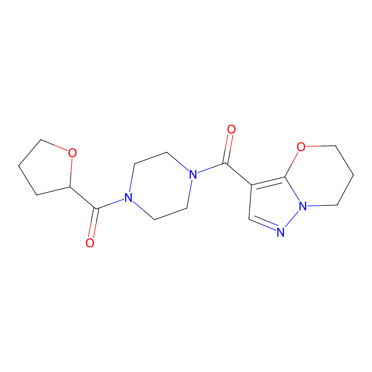 (6,7-dihydro-5H-pyrazolo[5,1-b][1,3]oxazin-3-yl)(4-(tetrahydrofuran-2-carbonyl)piperazin-1-yl)methanone molecular structure, CAS 1428366-75-9