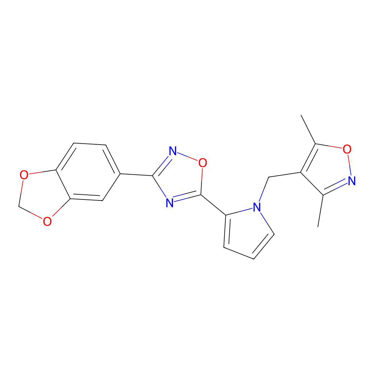3-(benzo[d][1,3]dioxol-5-yl)-5-(1-((3,5-dimethylisoxazol-4-yl)methyl)-1H-pyrrol-2-yl)-1,2,4-oxadiazole molecular structure, CAS 1428366-83-9