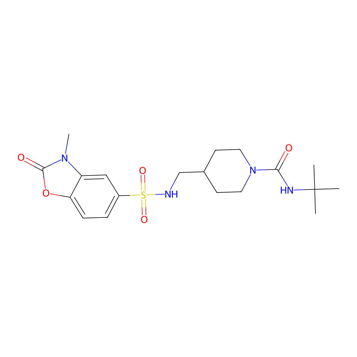 N-(tert-butyl)-4-((3-methyl-2-oxo-2,3-dihydrobenzo[d]oxazole-5-sulfonamido)methyl)piperidine-1-carboxamide molecular structure, CAS 1428366-85-1