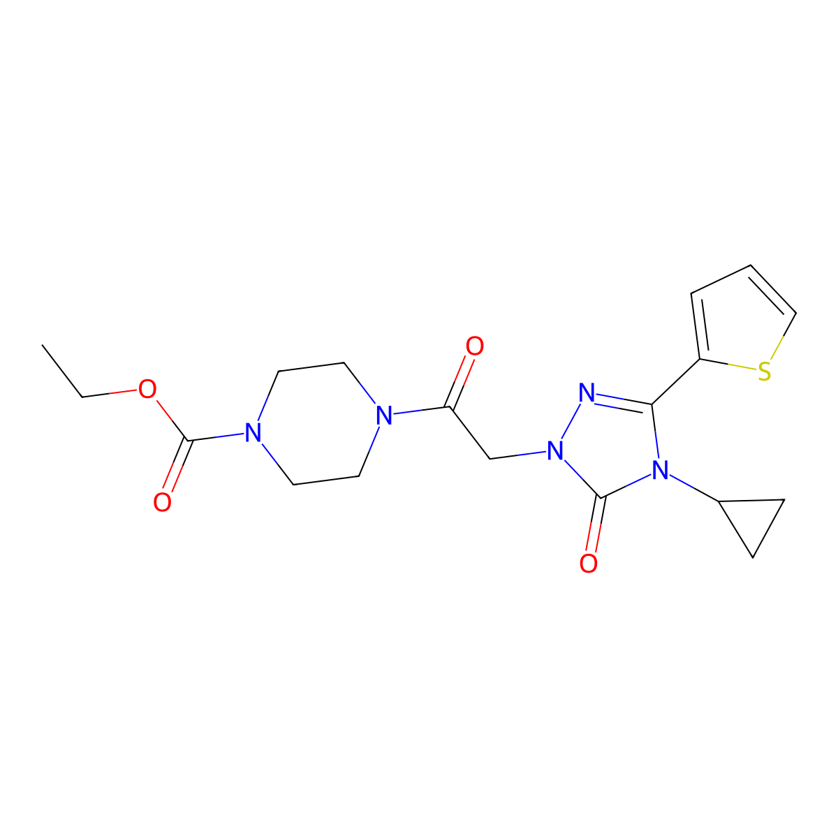 ethyl 4-(2-(4-cyclopropyl-5-oxo-3-(thiophen-2-yl)-4,5-dihydro-1H-1,2,4-triazol-1-yl)acetyl)piperazine-1-carboxylate molecular structure, CAS 1428366-86-2
