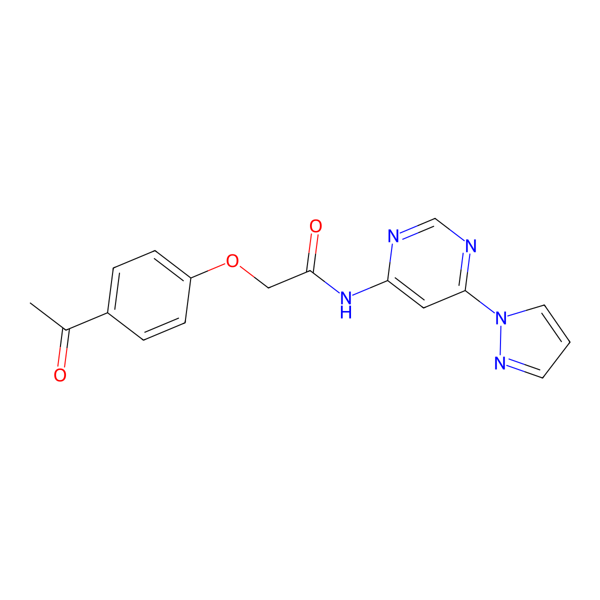 N-(6-(1H-pyrazol-1-yl)pyrimidin-4-yl)-2-(4-acetylphenoxy)acetamide molecular structure, CAS 1428366-87-3