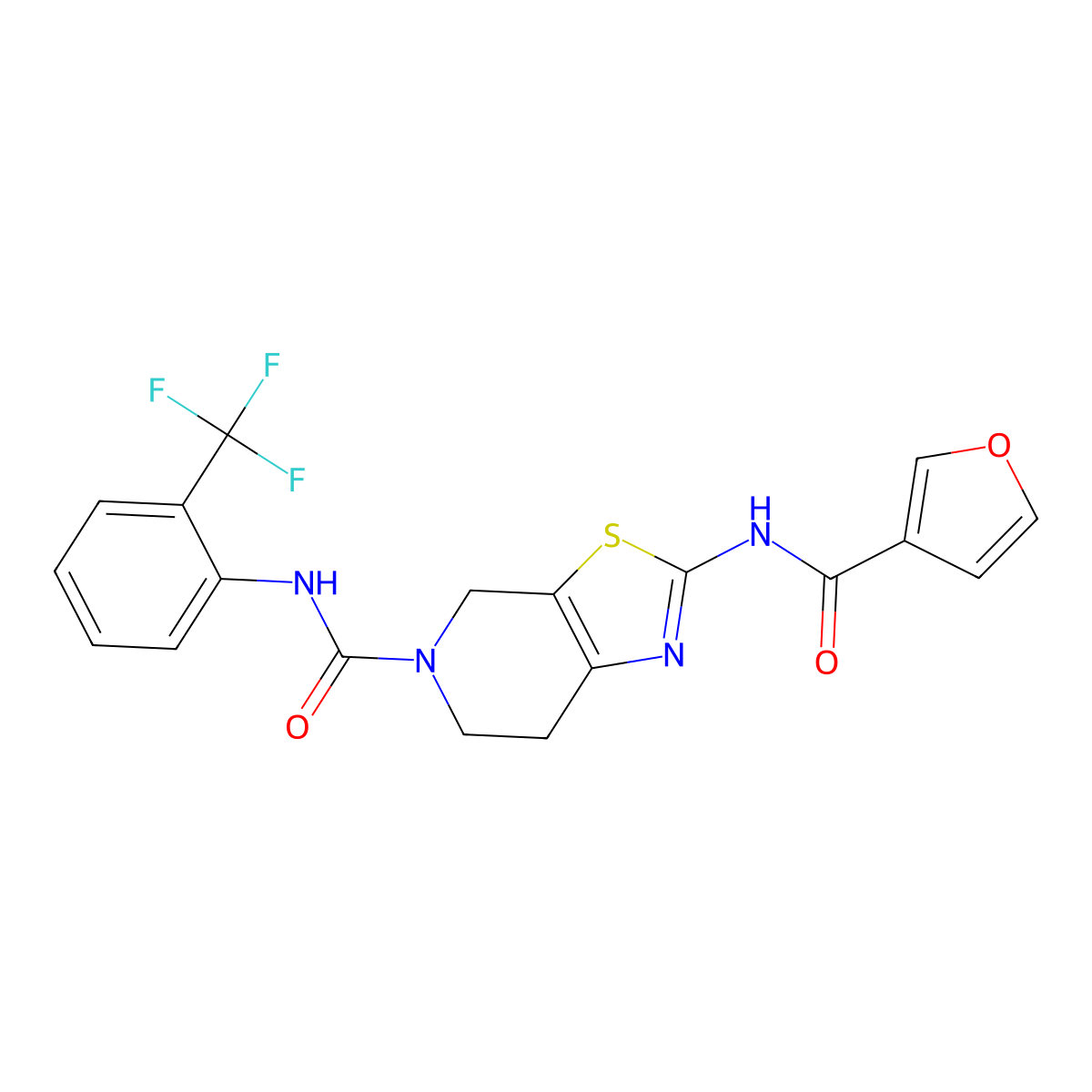 2-(furan-3-carboxamido)-N-(2-(trifluoromethyl)phenyl)-6,7-dihydrothiazolo[5,4-c]pyridine-5(4H)-carboxamide molecular structure, CAS 1428366-91-9