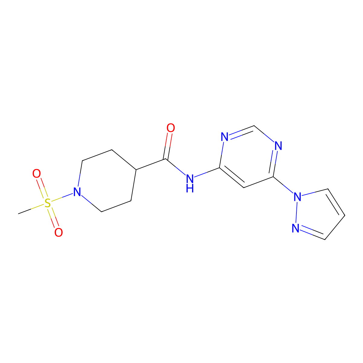 N-(6-(1H-pyrazol-1-yl)pyrimidin-4-yl)-1-(methylsulfonyl)piperidine-4-carboxamide molecular structure, CAS 1428366-97-5