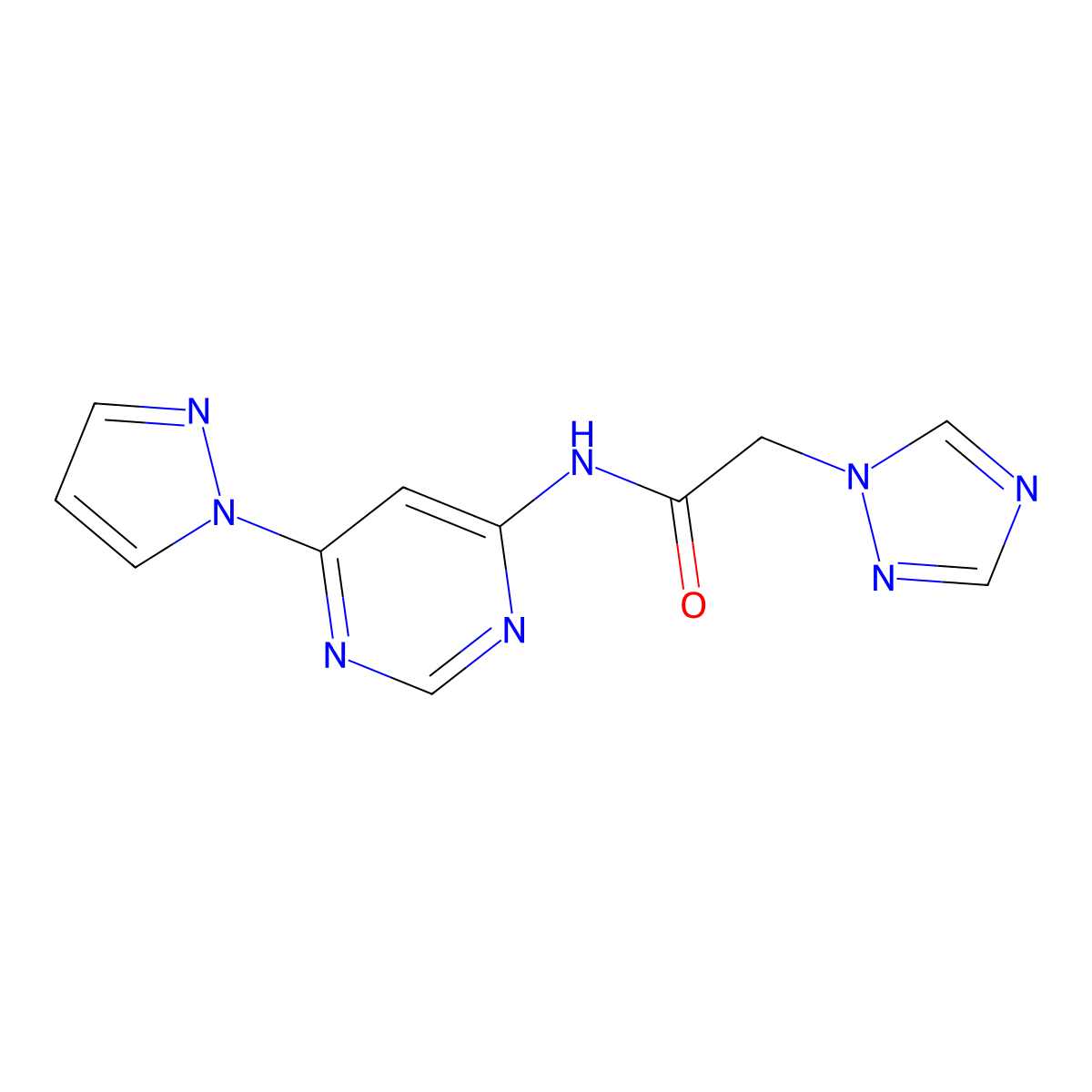 N-(6-(1H-pyrazol-1-yl)pyrimidin-4-yl)-2-(1H-1,2,4-triazol-1-yl)acetamide molecular structure, CAS 1428367-06-9
