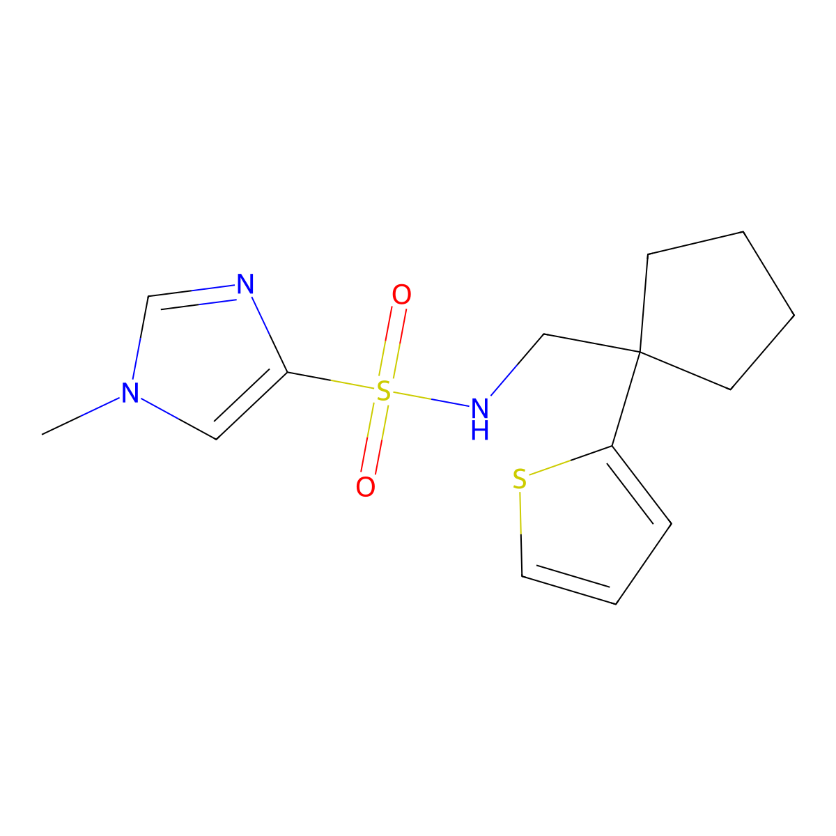 1-methyl-N-((1-(thiophen-2-yl)cyclopentyl)methyl)-1H-imidazole-4-sulfonamide molecular structure, CAS 1428367-10-5