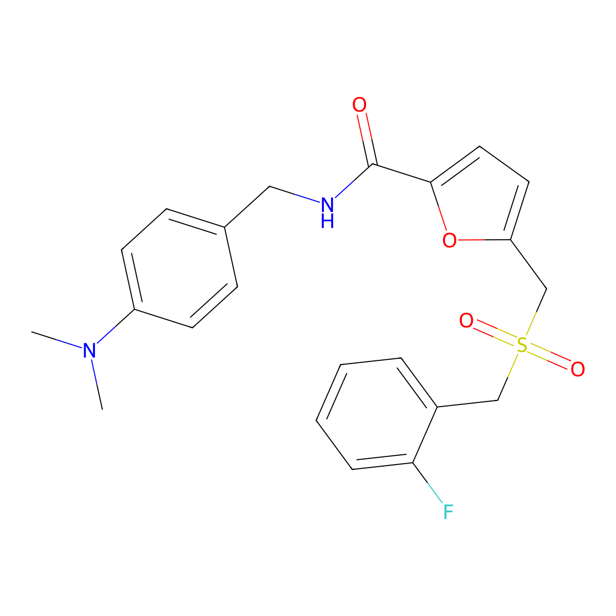 N-(4-(dimethylamino)benzyl)-5-(((2-fluorobenzyl)sulfonyl)methyl)furan-2-carboxamide molecular structure, CAS 1428367-22-9