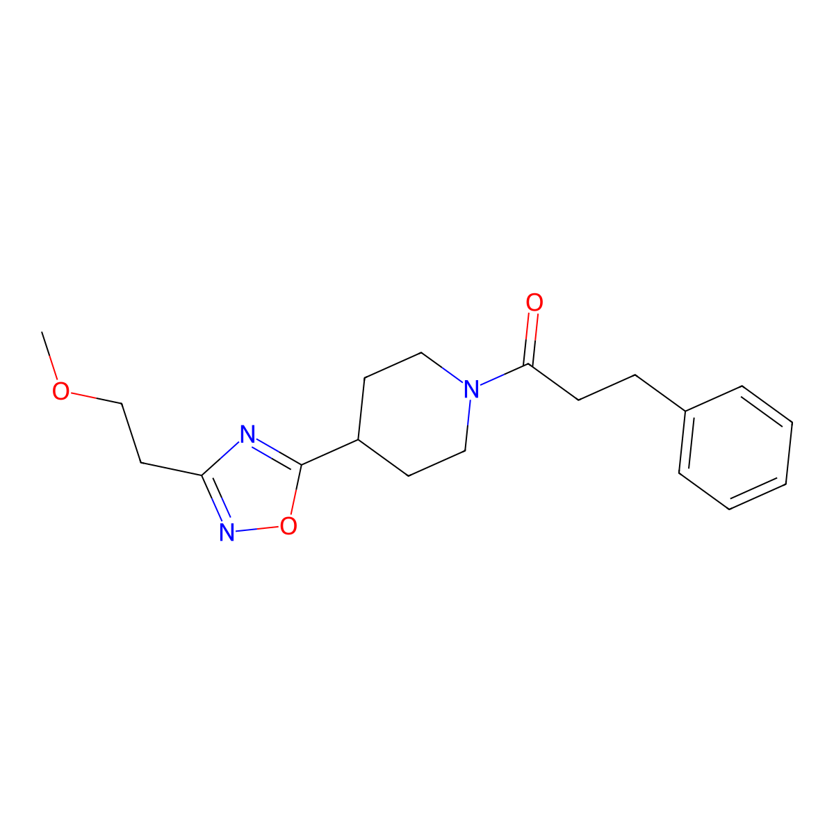 1-{4-[3-(2-Methoxyethyl)-1,2,4-oxadiazol-5-YL]piperidin-1-YL}-3-phenylpropan-1-one molecular structure, CAS 1428367-39-8