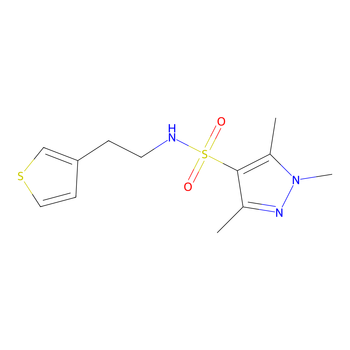 1,3,5-trimethyl-N-(2-(thiophen-3-yl)ethyl)-1H-pyrazole-4-sulfonamide molecular structure, CAS 1428367-42-3