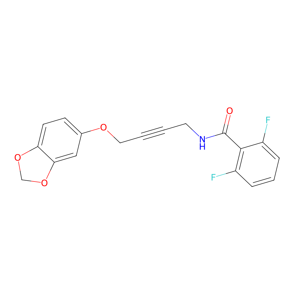 N-(4-(benzo[d][1,3]dioxol-5-yloxy)but-2-yn-1-yl)-2,6-difluorobenzamide molecular structure, CAS 1428367-44-5