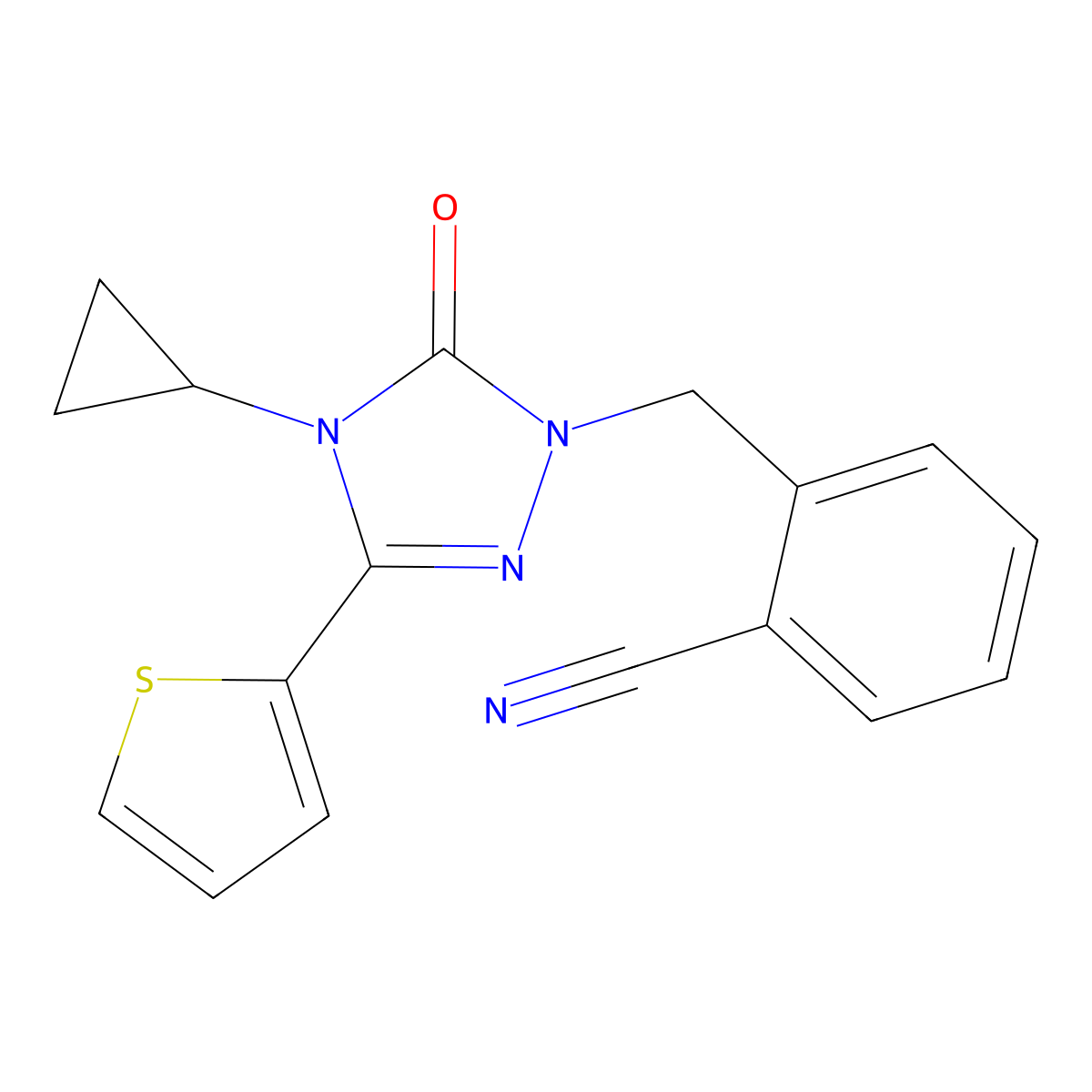 2-((4-cyclopropyl-5-oxo-3-(thiophen-2-yl)-4,5-dihydro-1H-1,2,4-triazol-1-yl)methyl)benzonitrile molecular structure, CAS 1428367-53-6