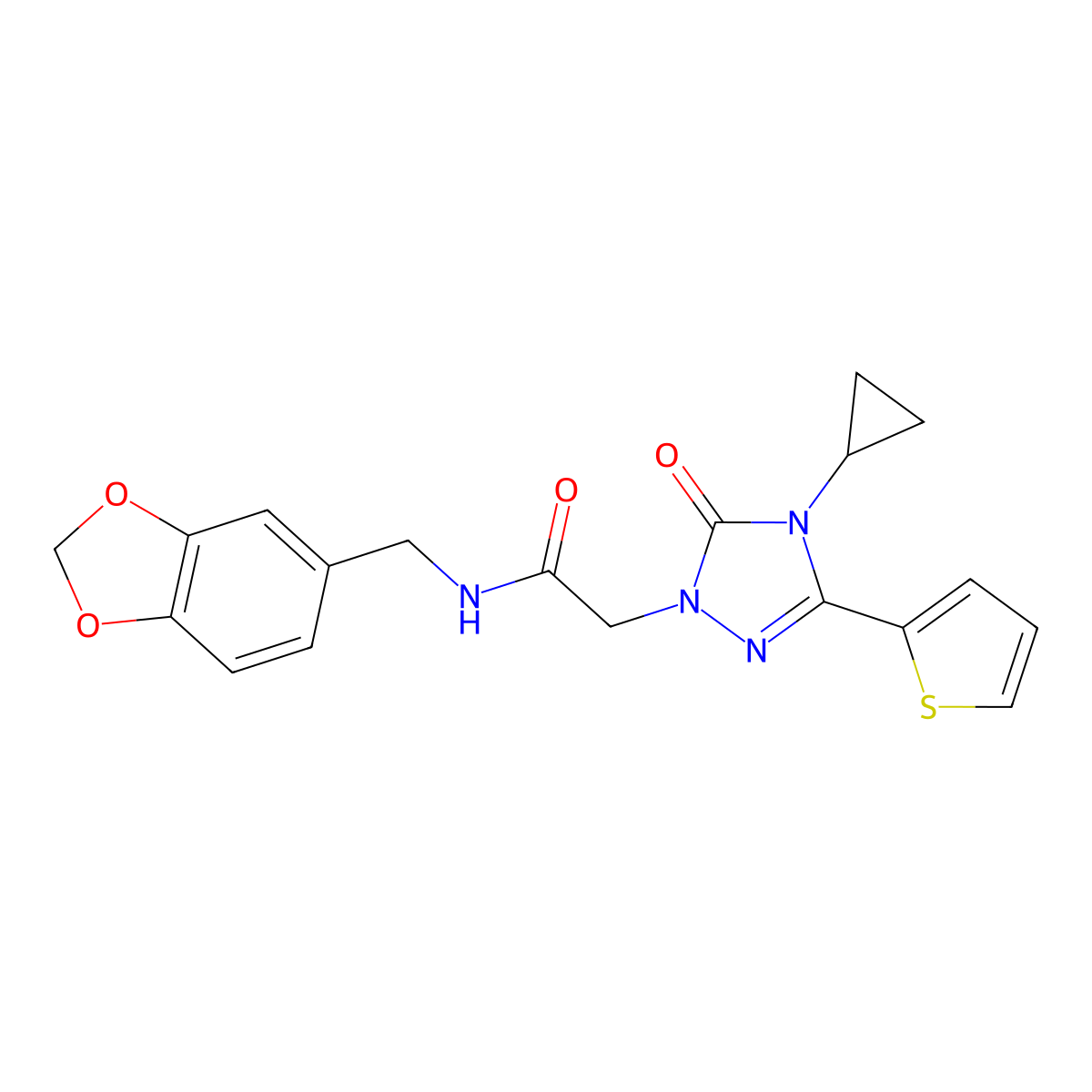 N-(benzo[d][1,3]dioxol-5-ylmethyl)-2-(4-cyclopropyl-5-oxo-3-(thiophen-2-yl)-4,5-dihydro-1H-1,2,4-triazol-1-yl)acetamide molecular structure, CAS 1428367-63-8