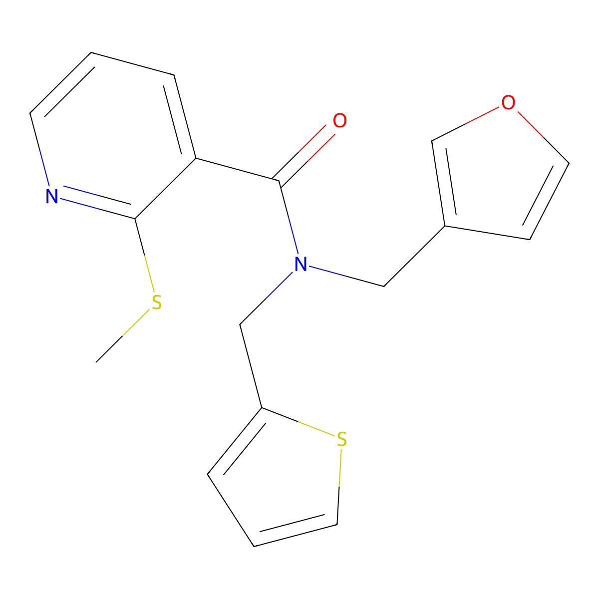 N-(furan-3-ylmethyl)-2-(methylthio)-N-(thiophen-2-ylmethyl)nicotinamide molecular structure, CAS 1428367-65-0