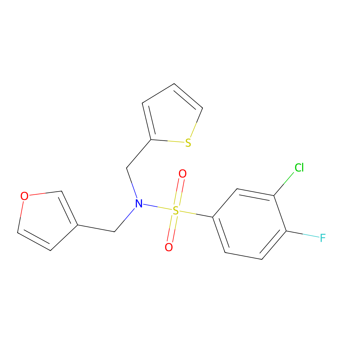 3-chloro-4-fluoro-N-(furan-3-ylmethyl)-N-(thiophen-2-ylmethyl)benzenesulfonamide molecular structure, CAS 1428370-75-5