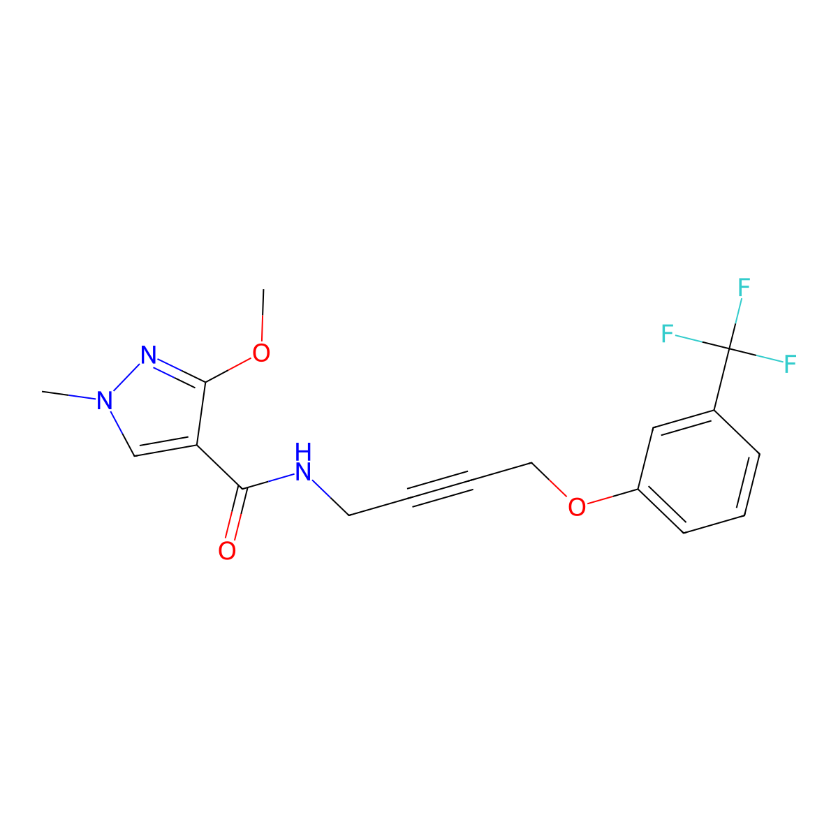 3-methoxy-1-methyl-N-{4-[3-(trifluoromethyl)phenoxy]but-2-yn-1-yl}-1H-pyrazole-4-carboxamide molecular structure, CAS 1428370-76-6