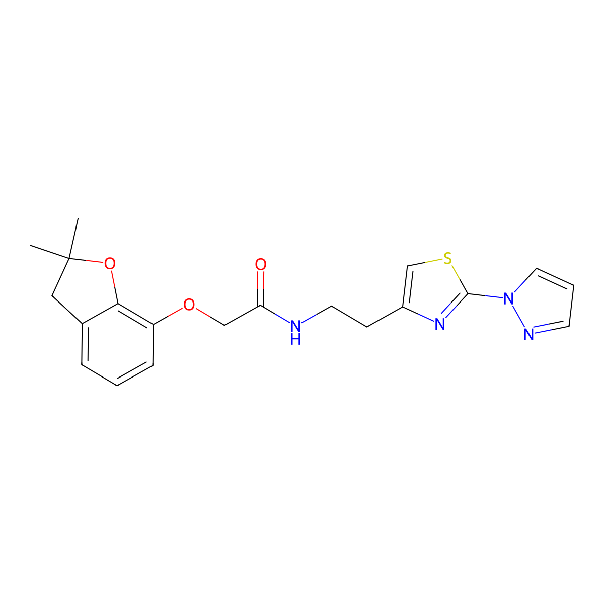 N-(2-(2-(1H-pyrazol-1-yl)thiazol-4-yl)ethyl)-2-((2,2-dimethyl-2,3-dihydrobenzofuran-7-yl)oxy)acetamide molecular structure, CAS 1428370-80-2