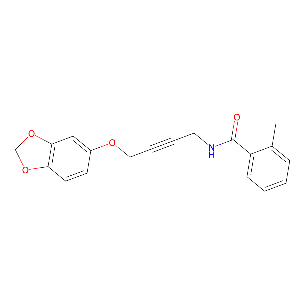 N-(4-(benzo[d][1,3]dioxol-5-yloxy)but-2-yn-1-yl)-2-methylbenzamide molecular structure, CAS 1428370-83-5