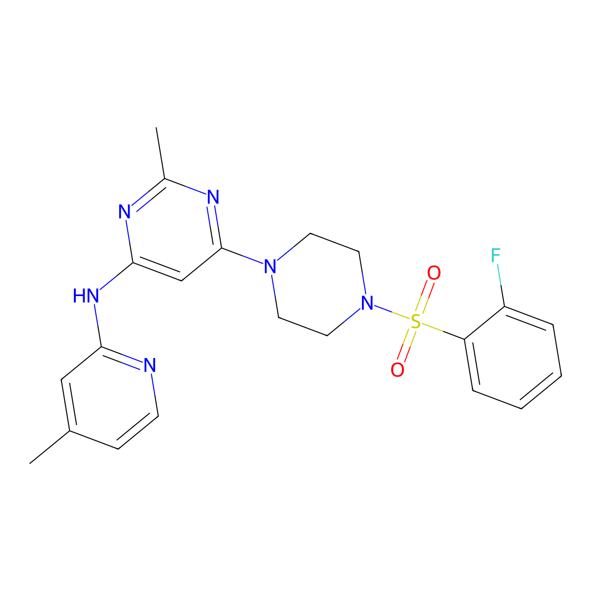 6-(4-((2-fluorophenyl)sulfonyl)piperazin-1-yl)-2-methyl-N-(4-methylpyridin-2-yl)pyrimidin-4-amine molecular structure, CAS 1428370-85-7
