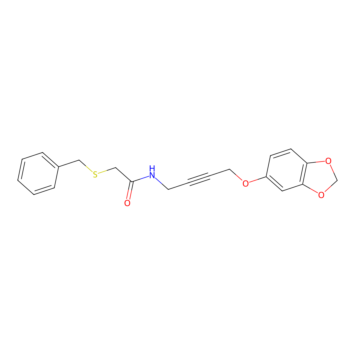 N-(4-(benzo[d][1,3]dioxol-5-yloxy)but-2-yn-1-yl)-2-(benzylthio)acetamide molecular structure, CAS 1428370-92-6