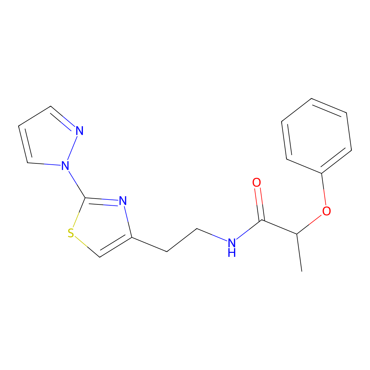 N-(2-(2-(1H-pyrazol-1-yl)thiazol-4-yl)ethyl)-2-phenoxypropanamide molecular structure, CAS 1428370-94-8