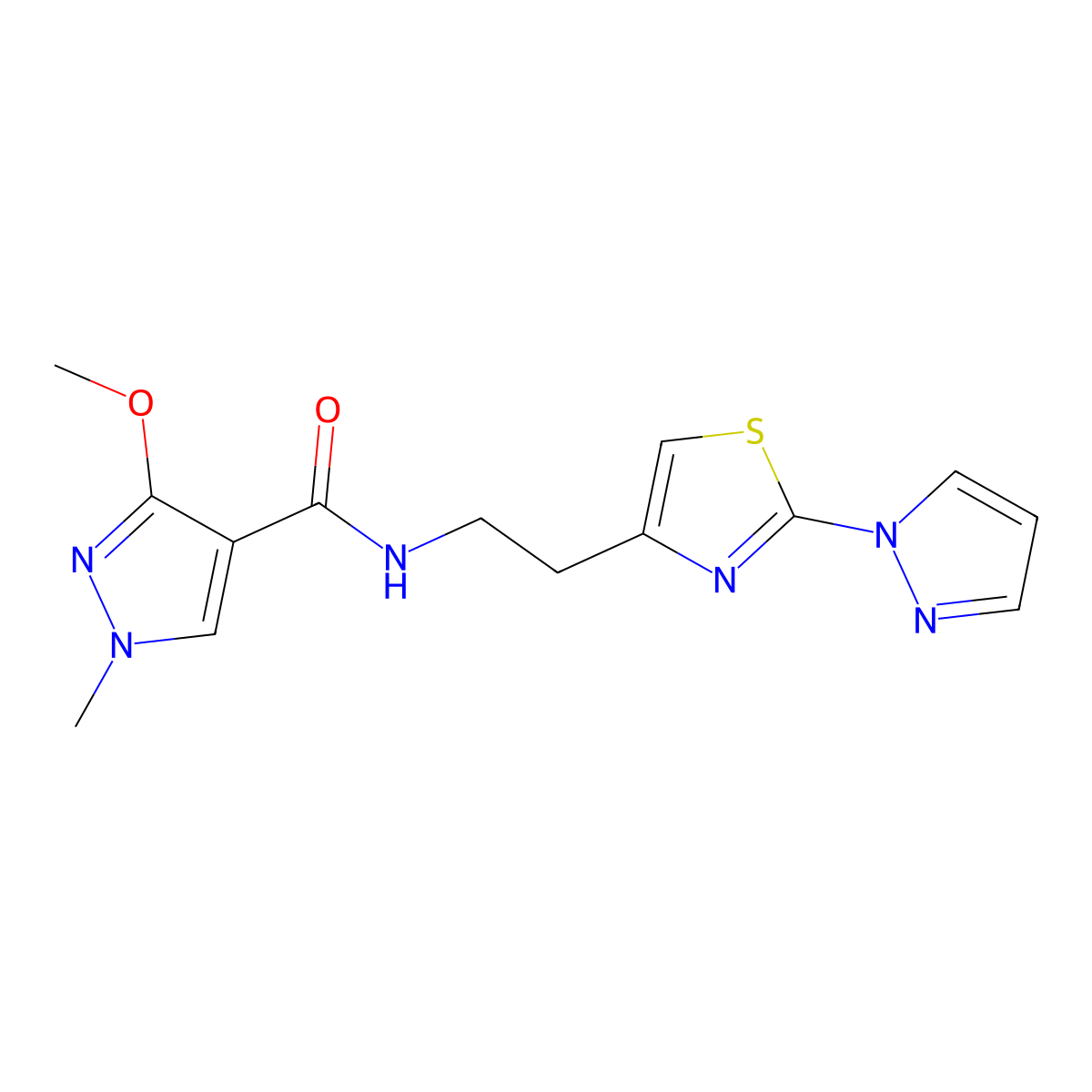 N-(2-(2-(1H-pyrazol-1-yl)thiazol-4-yl)ethyl)-3-methoxy-1-methyl-1H-pyrazole-4-carboxamide molecular structure, CAS 1428371-00-9