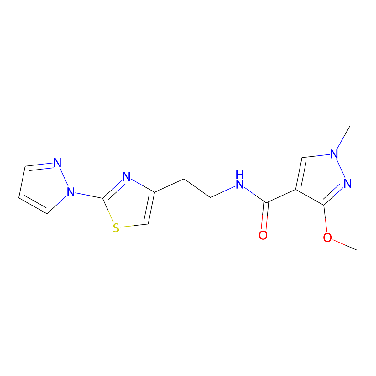 N-(2-(2-(1H-pyrazol-1-yl)thiazol-4-yl)ethyl)-3-methoxy-1-methyl-1H-pyrazole-4-carboxamide molecular structure, CAS 1428371-00-9